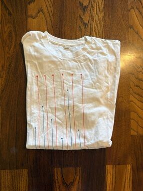 Men's White Short Sleeve Young the Giant concert tee with Red & Blue Lines.
